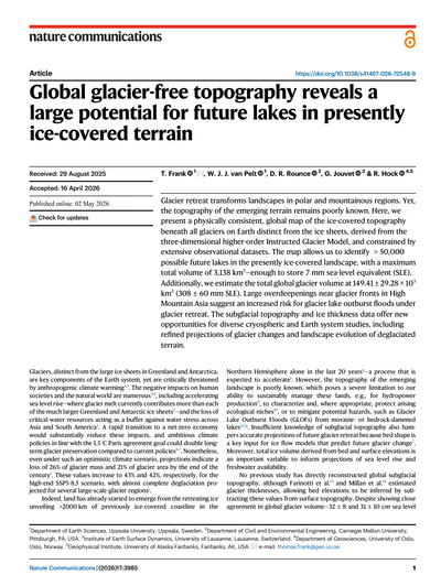 Global glacier-free topography reveals a large potential for future lakes in presently ice-covered terrain